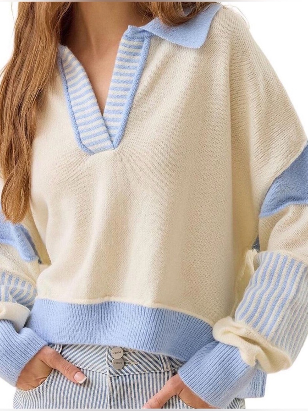 Altar’d State Cropped Collared Knit Sweater in Light Blue and Cream
